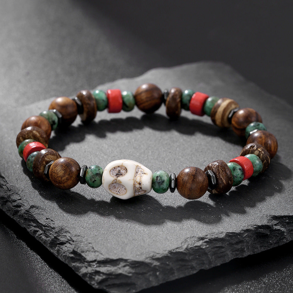 Wholesale Handmade Beaded Skull Bracelet  Retro Style Turquoise Wood Beads Coconut Shell Bracelet