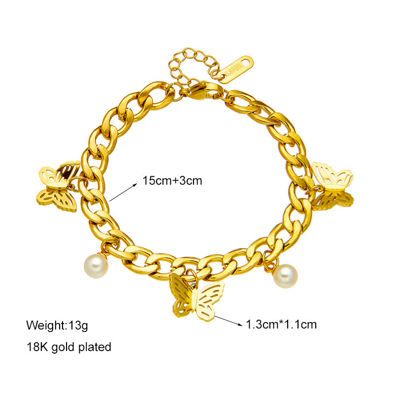 Wholesale  retro chain titanium steel metal Pearl butterfly pendant jewelry bracelet