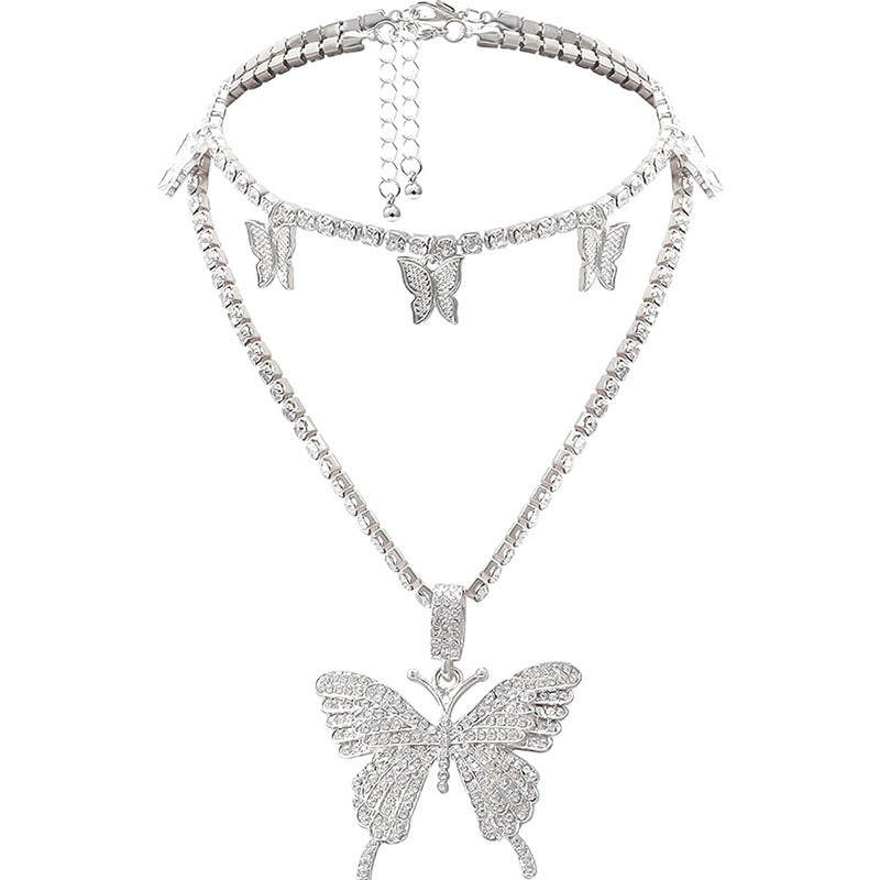 Wholesale Gold-Tone Rhinestone Butterfly Pendant Two-Layer Necklace for Women Trendy Fashion Accessory