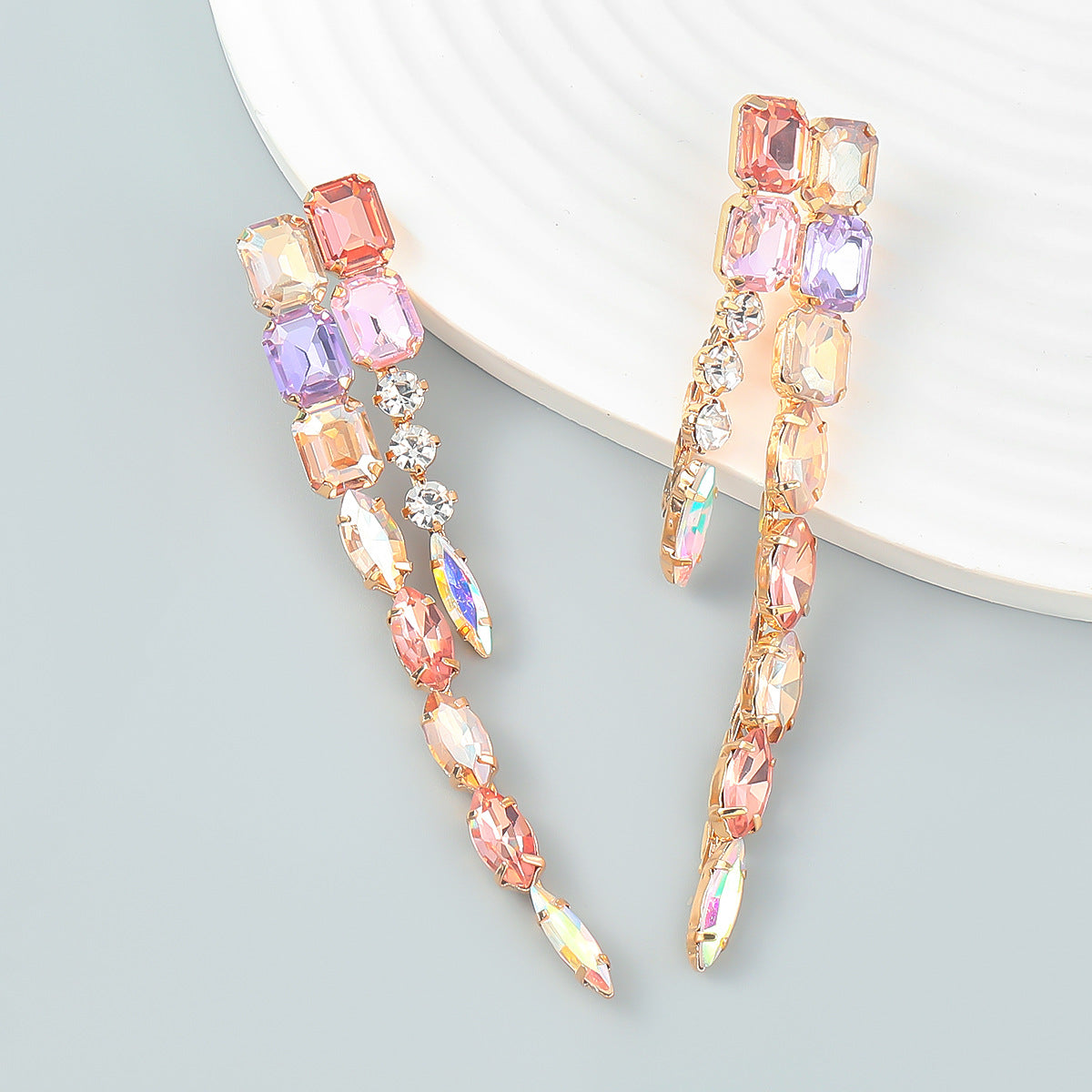 Wholesale colored diamond series diamond double layer geometric shape long alloy earrings ACC-ES-JL020