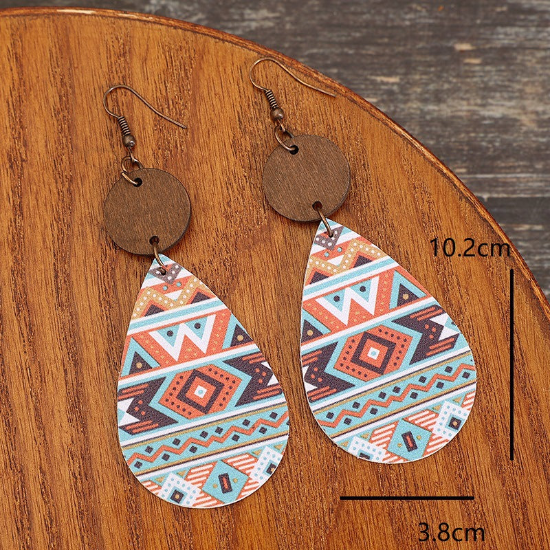 Wholesale Vintage drop-shaped western ethnic style Aztec pattern double-sided leather earrings