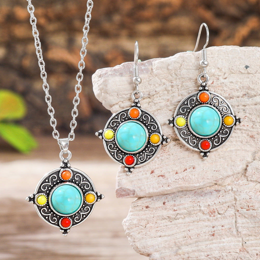 Wholesale Bohemian Retro Turquoise Necklace and Earrings Set - Ethnic Fashion Accessory Gift