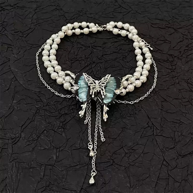 Wholesale  Multi-layer Blue Butterfly Pearl Necklace