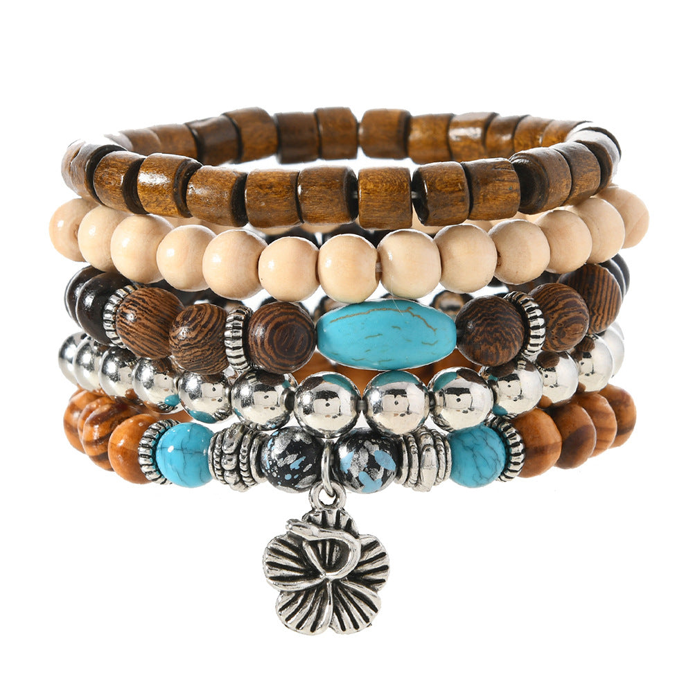 Wholesale Bohemian Style nut Shell Wooden Beads Turquoise Handmade Bracelet