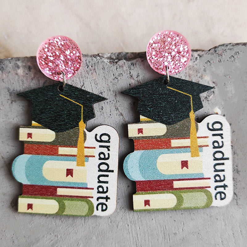 Wholesale Graduation Book and Cap Wooden Earrings Cute Student Gift Jewelry Accessory