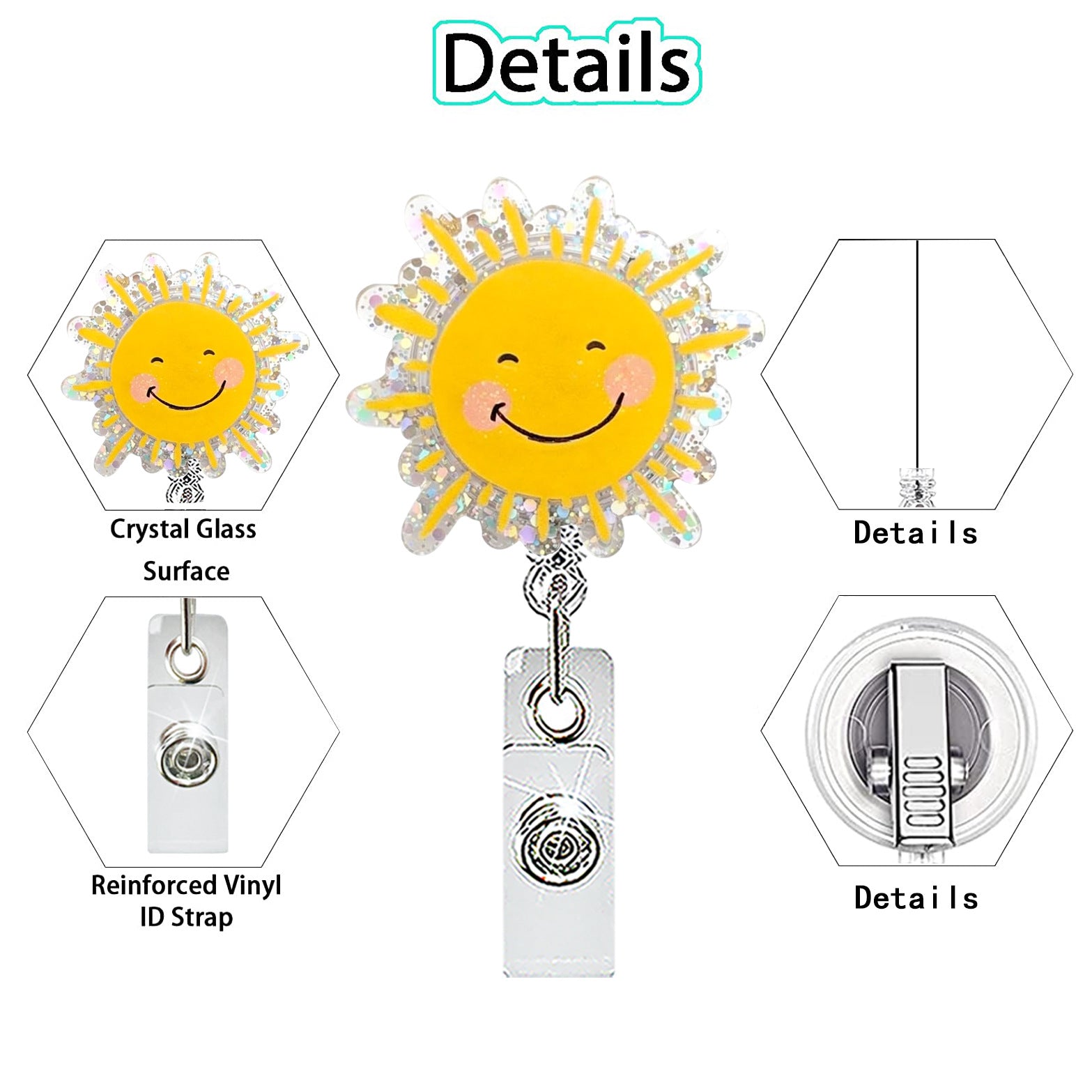 Wholesale Glitter Acrylic Retractable Badge Reel with Sun Design,  65cm Telescopic Cord,  Chic ID Card Holder for Office,  Boutique Resale