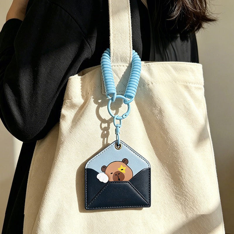 Wholesale Cute Capybara Envelope Card Holder Keychain PU Leather ID Badge Bag Charm For Campus Bus Daily Use