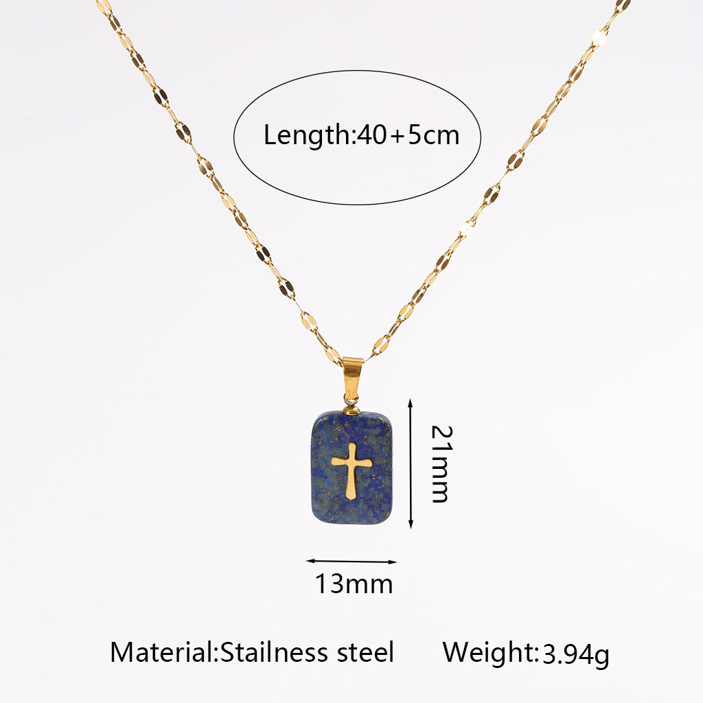 Wholesale Light Luxury Cross Pendant Necklace with Natural Stone,  Stainless Steel Handmade Chain,  Fashion Jewelry Accessory