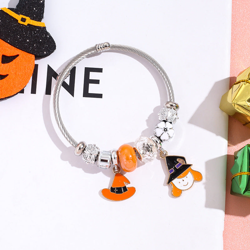 Wholesale Halloween Bat Ghost Witch Alloy Pendant Stainless Steel Bracelet ACC-BT-QingLian007