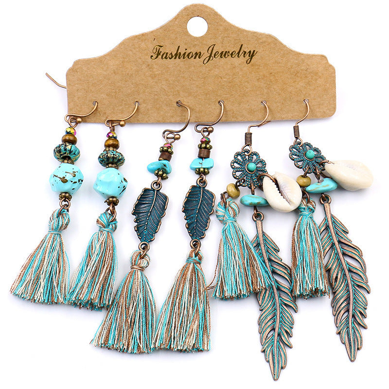 Wholesale Bohemian Style Turquoise Tassel Earrings Set 3 Pairs Fashion Jewelry Accessory