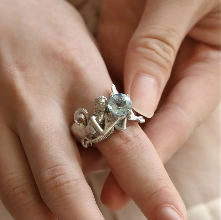 Wholesale & lt; Mermaid Ring& gt;  Sea Dream Blue Crystal Cute Mermaid Ring High-Looking Index Finger Decoration Niche Gift
