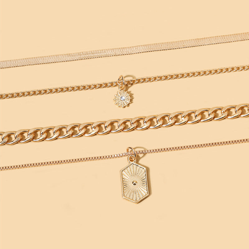 Wholesale Trendy Geometric Rhinestone Pendant Necklace Zinc Alloy Multi-Layer Layering Jewelry Boutique Resale
