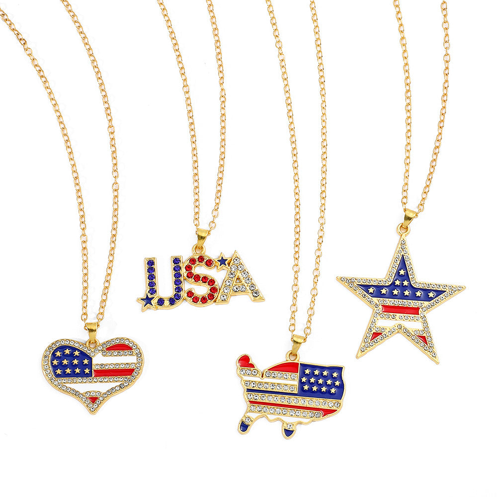 Wholesale American Independence Day Flag Five Pointed Star Diamond Alloy Necklace ACC-NE-MingXin001