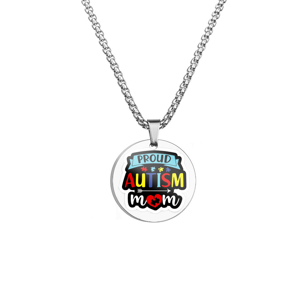 Wholesale Autism MOM Color Printed Pendant Stainless Steel Necklace Mother's Day ACC-NE-HuanYu002
