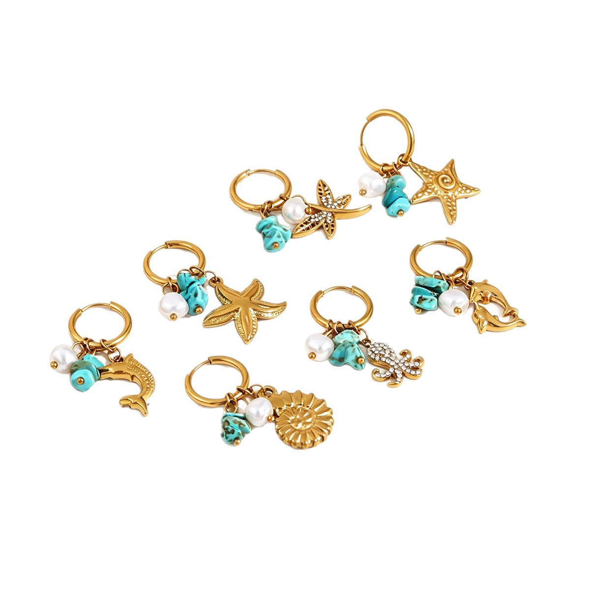Wholesale Stainless Steel Vintage Gold-Tone Ocean Series Double Dolphin Earrings Women Fashion Jewelry Accessory