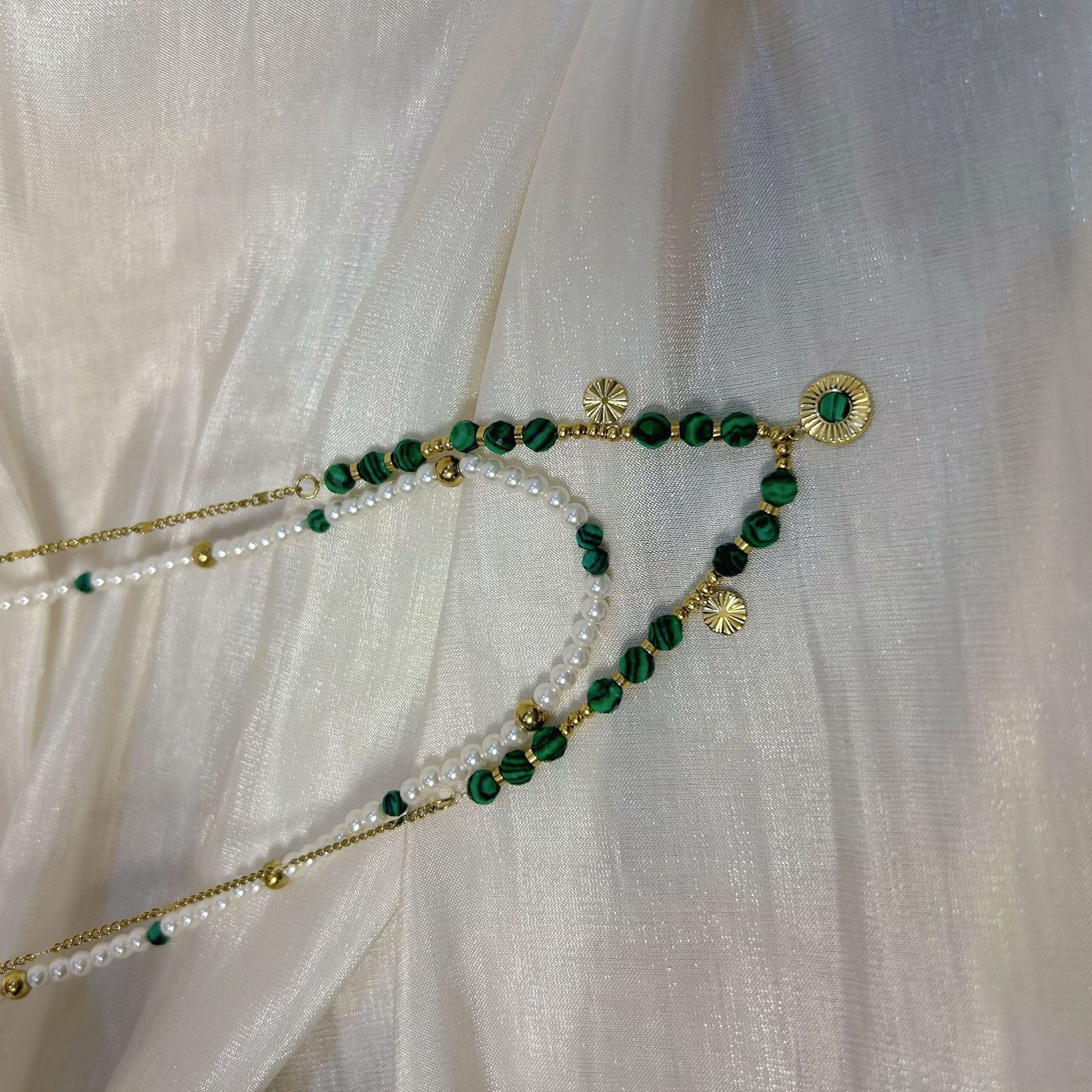 Wholesale Stainless Steel Natural Malachite Beaded Necklace Freshwater Pearl Clavicle Chain