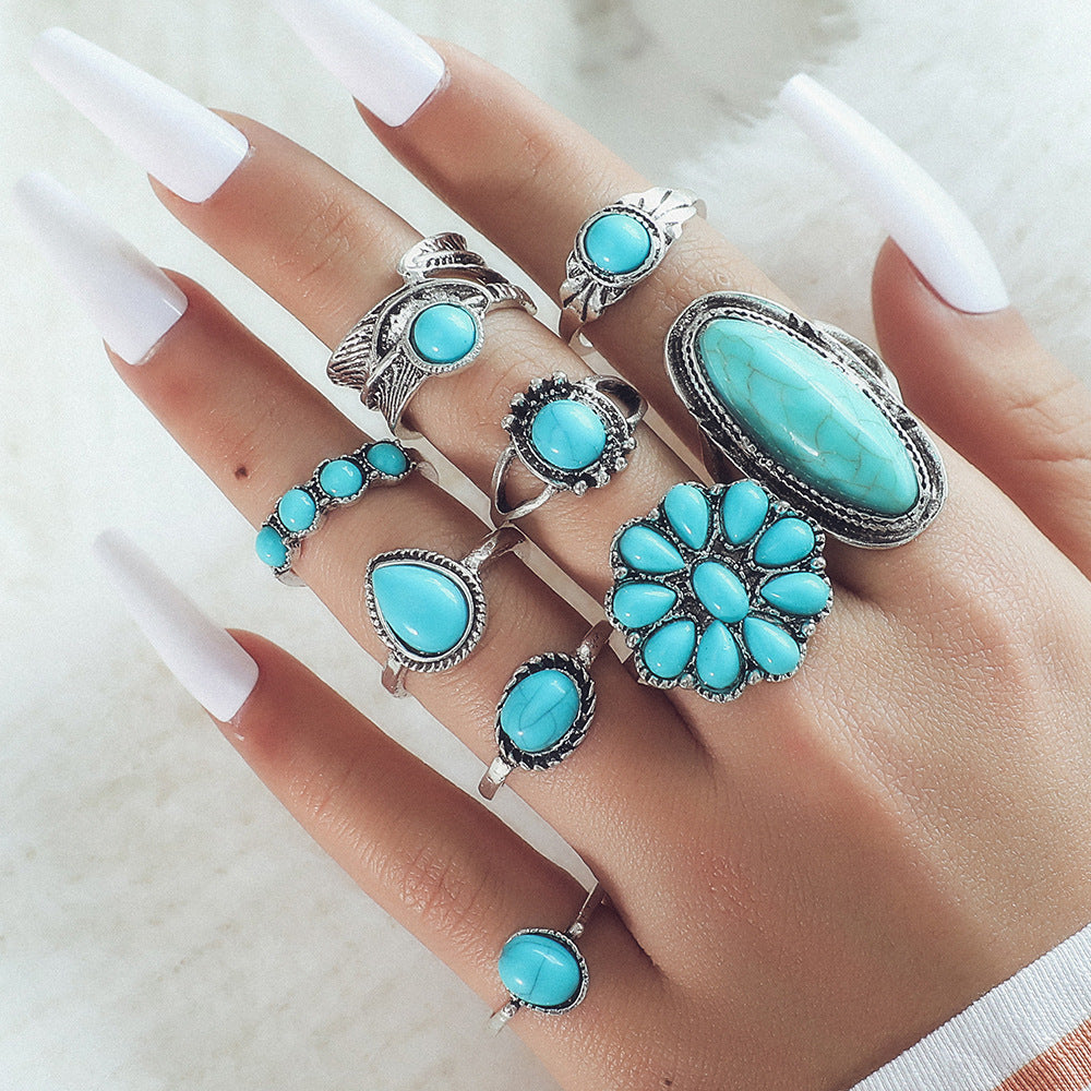Wholesale Vintage Bohemian Feather Turquoise Hollow  Ring Set