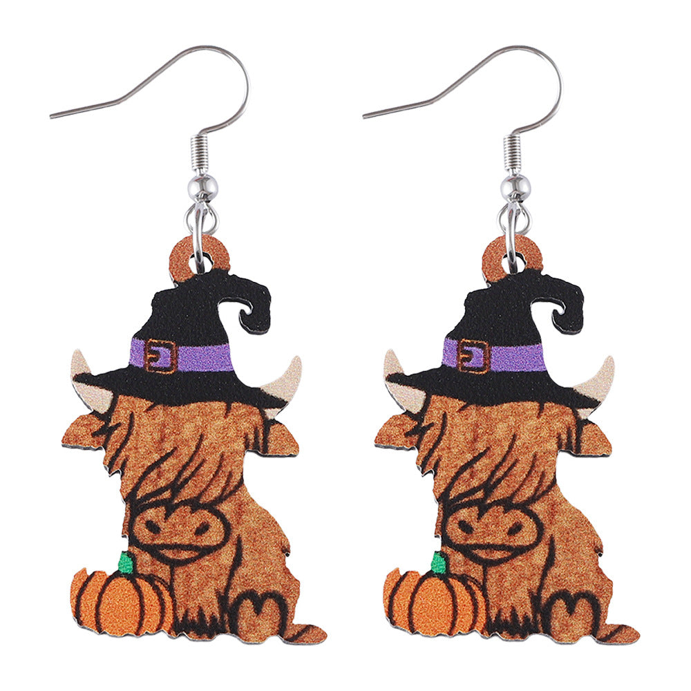 Wholesale Halloween Witch Hat Western Alpine Cow Ghost Face Pumpkin Wooden Earrings ACC-ES-ChuLian043