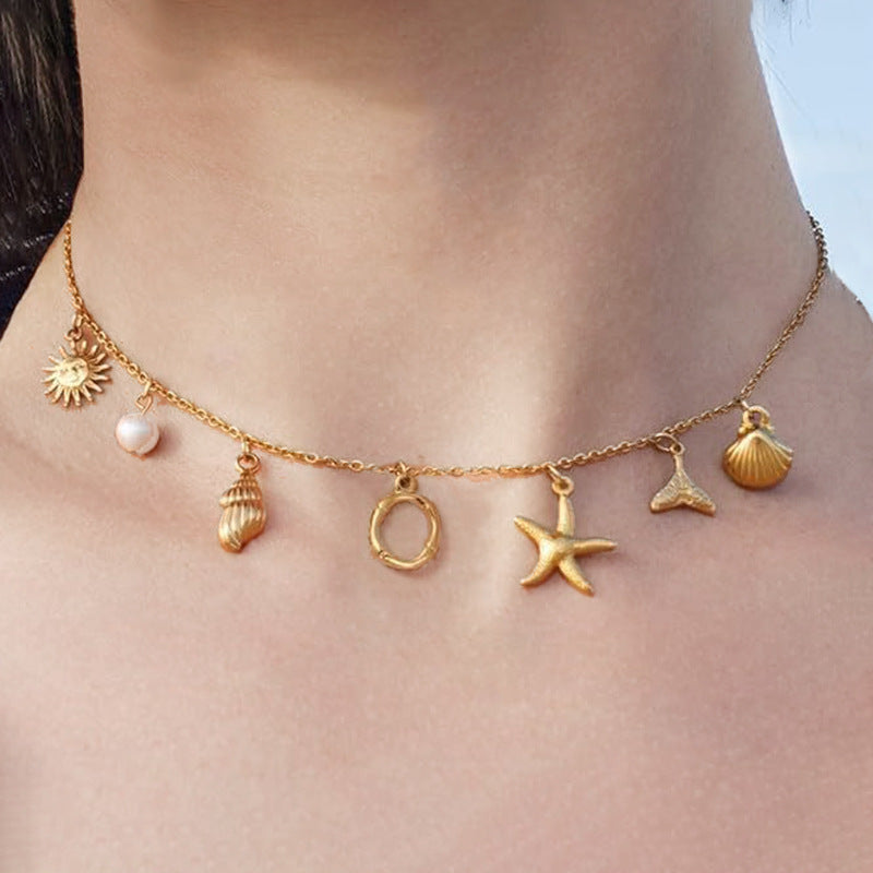 Wholesale Bohemian Shell Starfish Gold Electroplated Copper Alphabet Pendant Necklace for Women Fashion Accessory