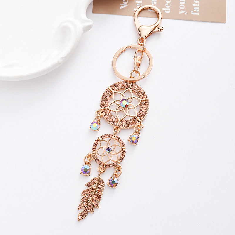 Wholesale  New Dream Catcher Creative Diamond Hollow Feather Keychain Car Bag Pendant Metal Small Gift