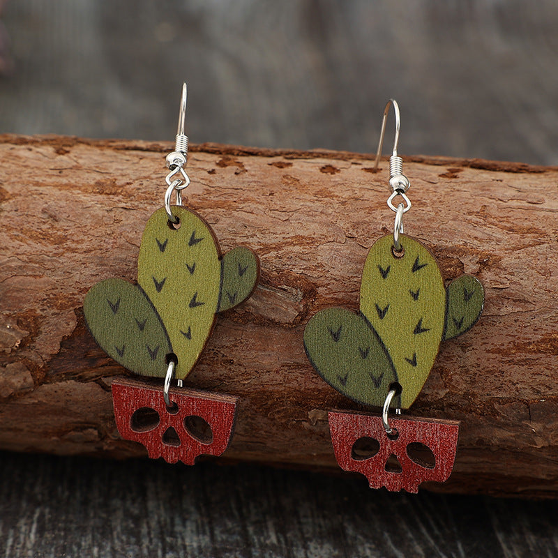 Wholesale  western style cactus potted mosaic simple fashion earrings wooden earrings