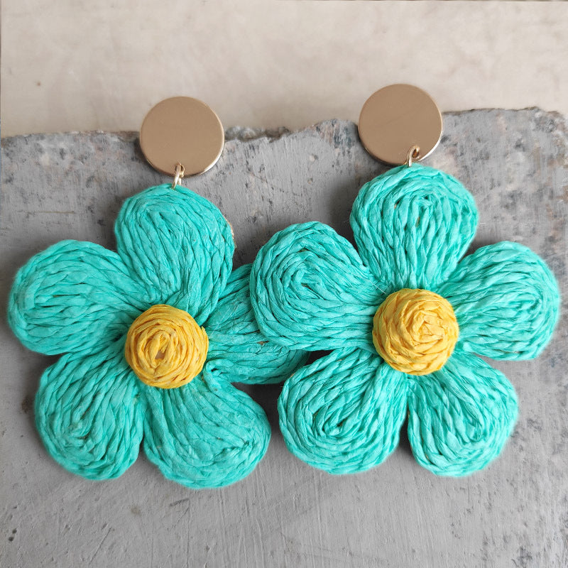 Wholesale 2 Pairs/pack Bohemian Rattan Raffia Colorful Flower Earrings ACC-ES-HY091