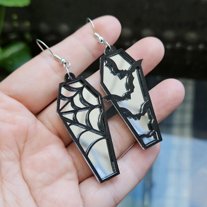 Wholesale Acrylic Gothic Bat Earrings Retro  Web Coffin Design Green Mirror Finish Fashion Accessory For Resale