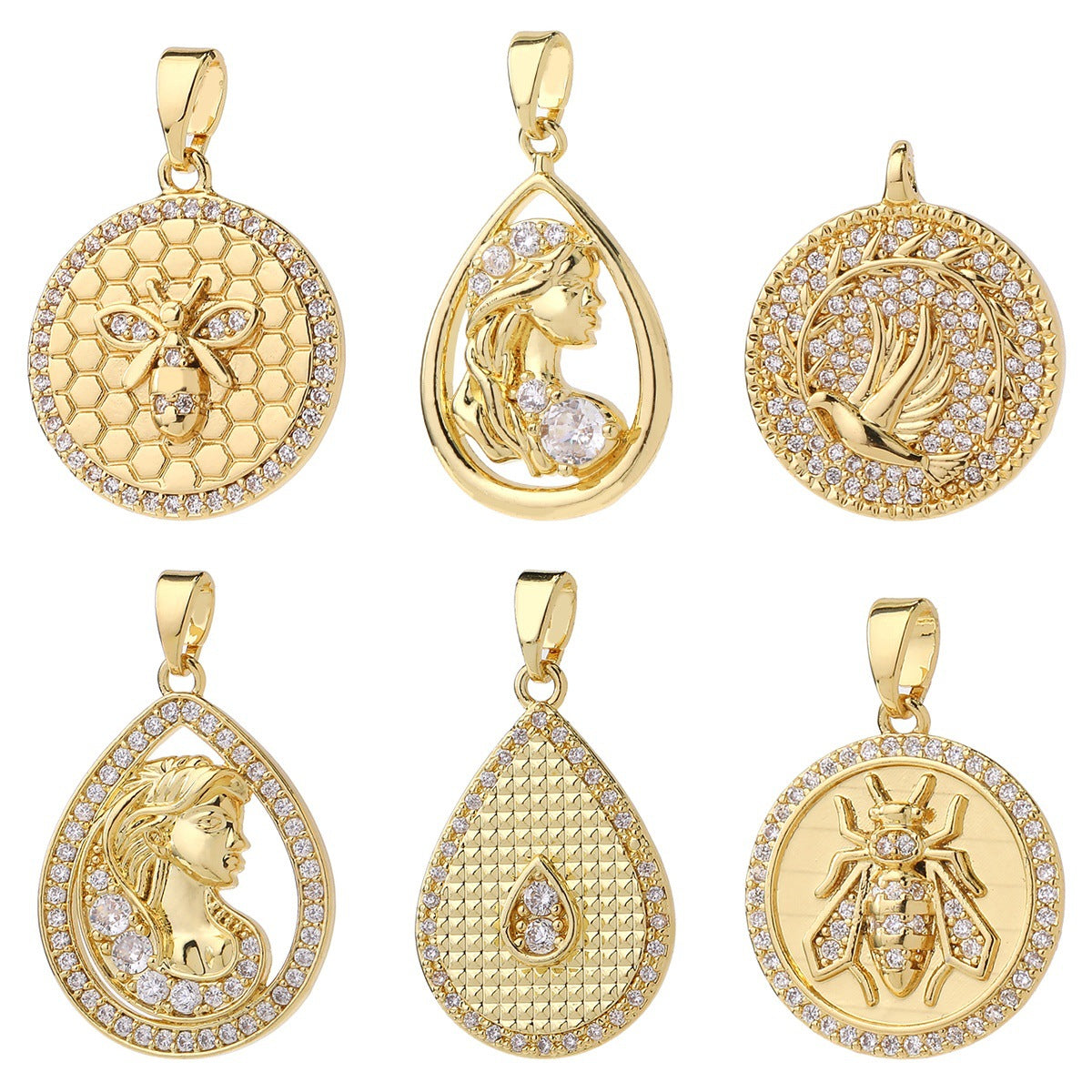 Wholesale Gold Plated Brass Honeycomb Bee Pendant Micro Set Zircon Charm DIY Jewelry Accessory Gift Boutique Resale