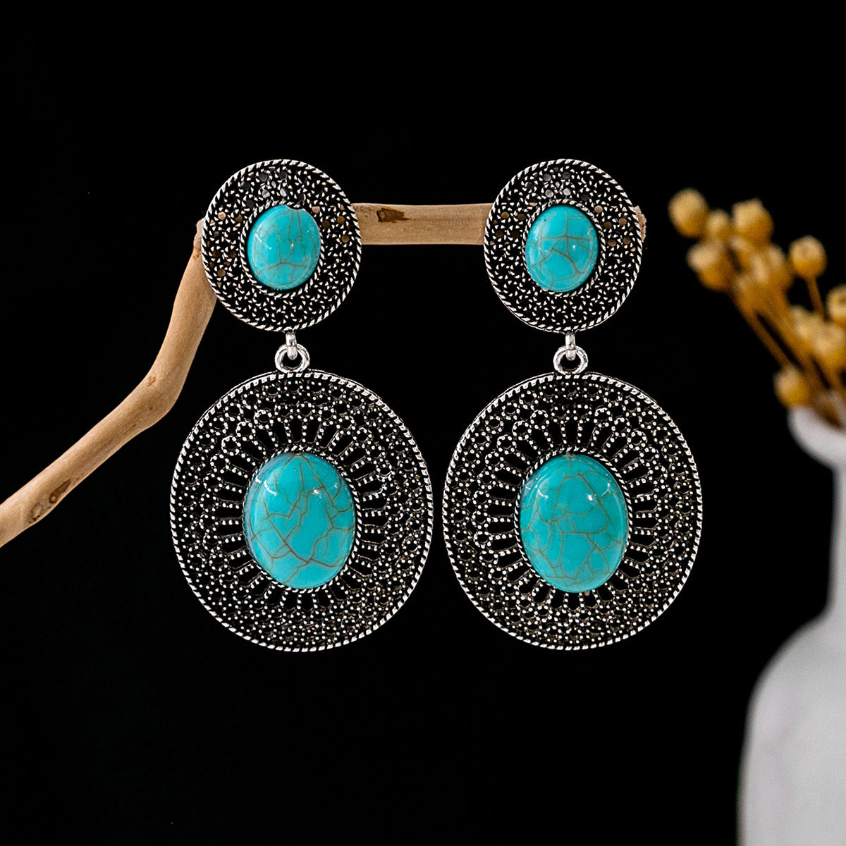 Wholesale Retro Ethnic Style Blue Turquoise Tassel Earrings Handmade Zinc Alloy Boutique Resale Jewelry Accessory