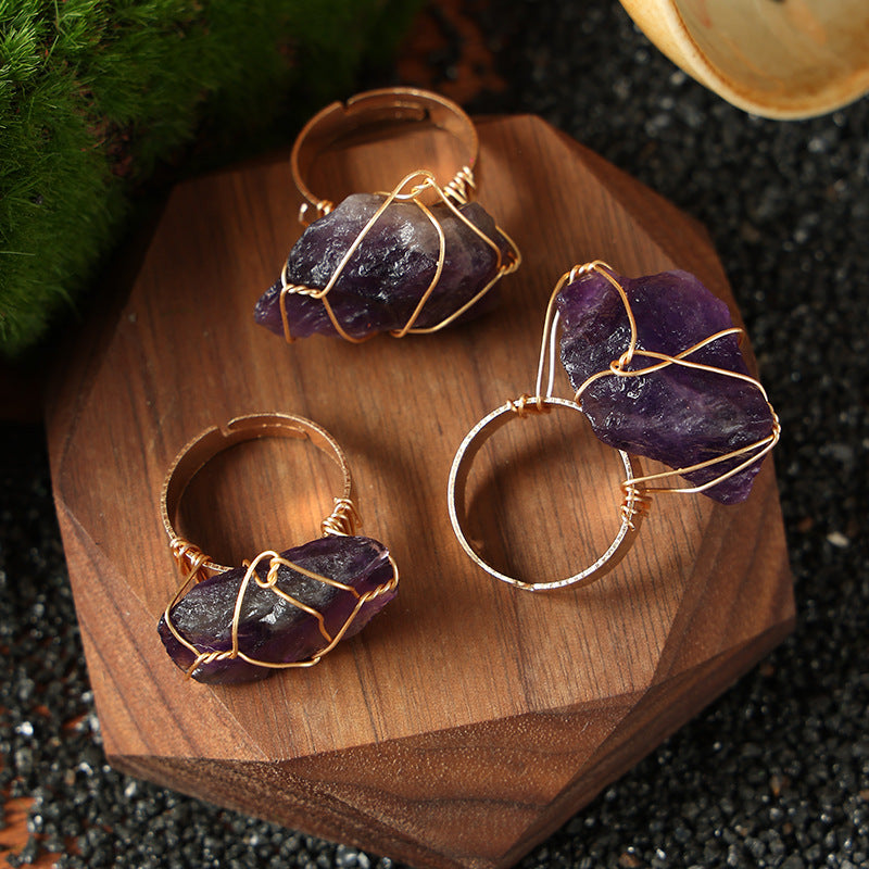 Wholesale Wire Wrapped Natural Amethyst Ring Rough Stone Crystal Jewelry Fashion Accessory Everyday Wear Gift And Boutique Resale