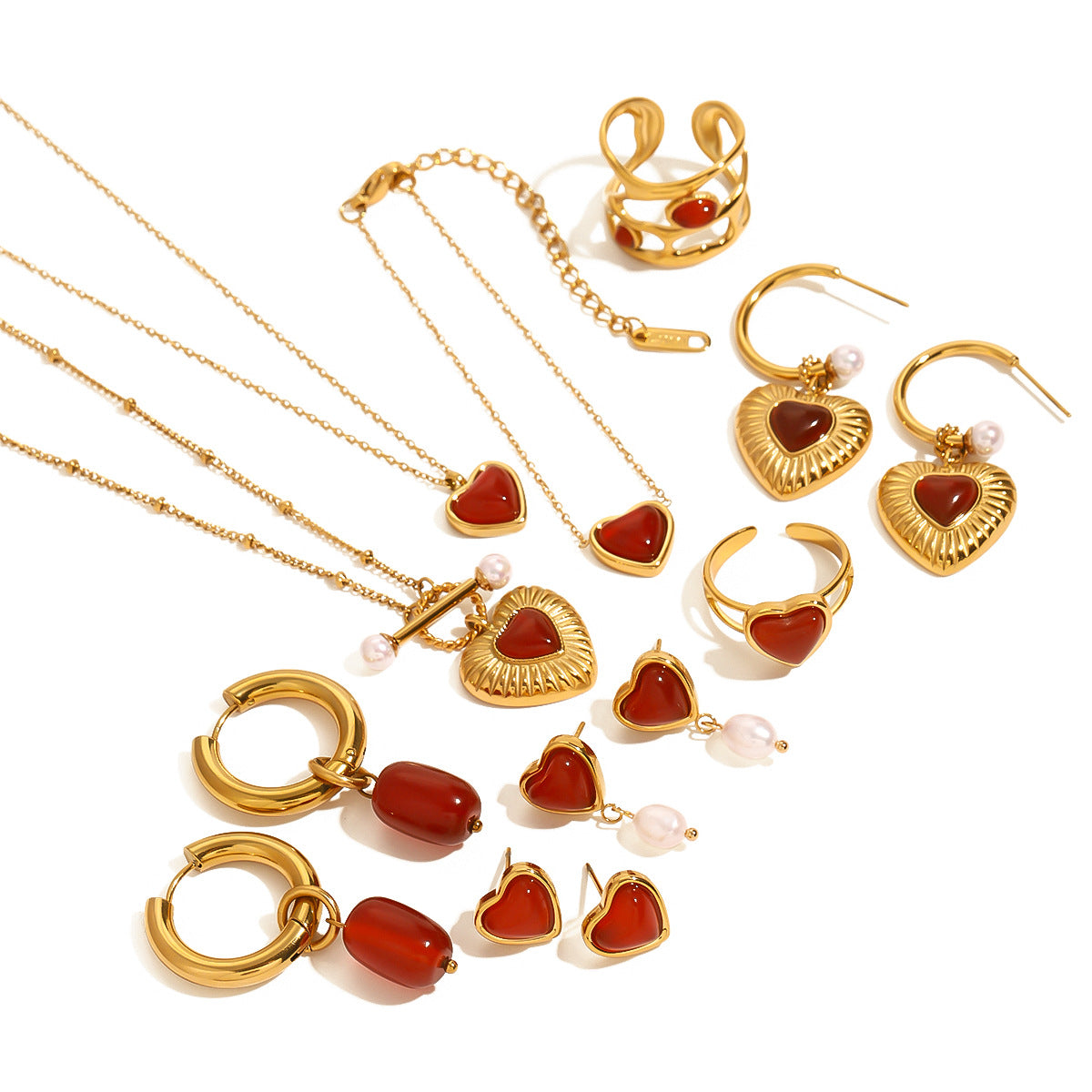 Wholesale 18k gold stainless steel red agate heart earrings rings necklace