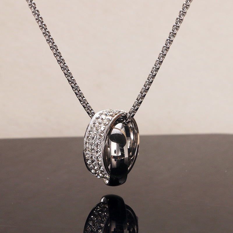 Wholesale Fashion Stainless Steel Double Ring Full Diamond Necklace