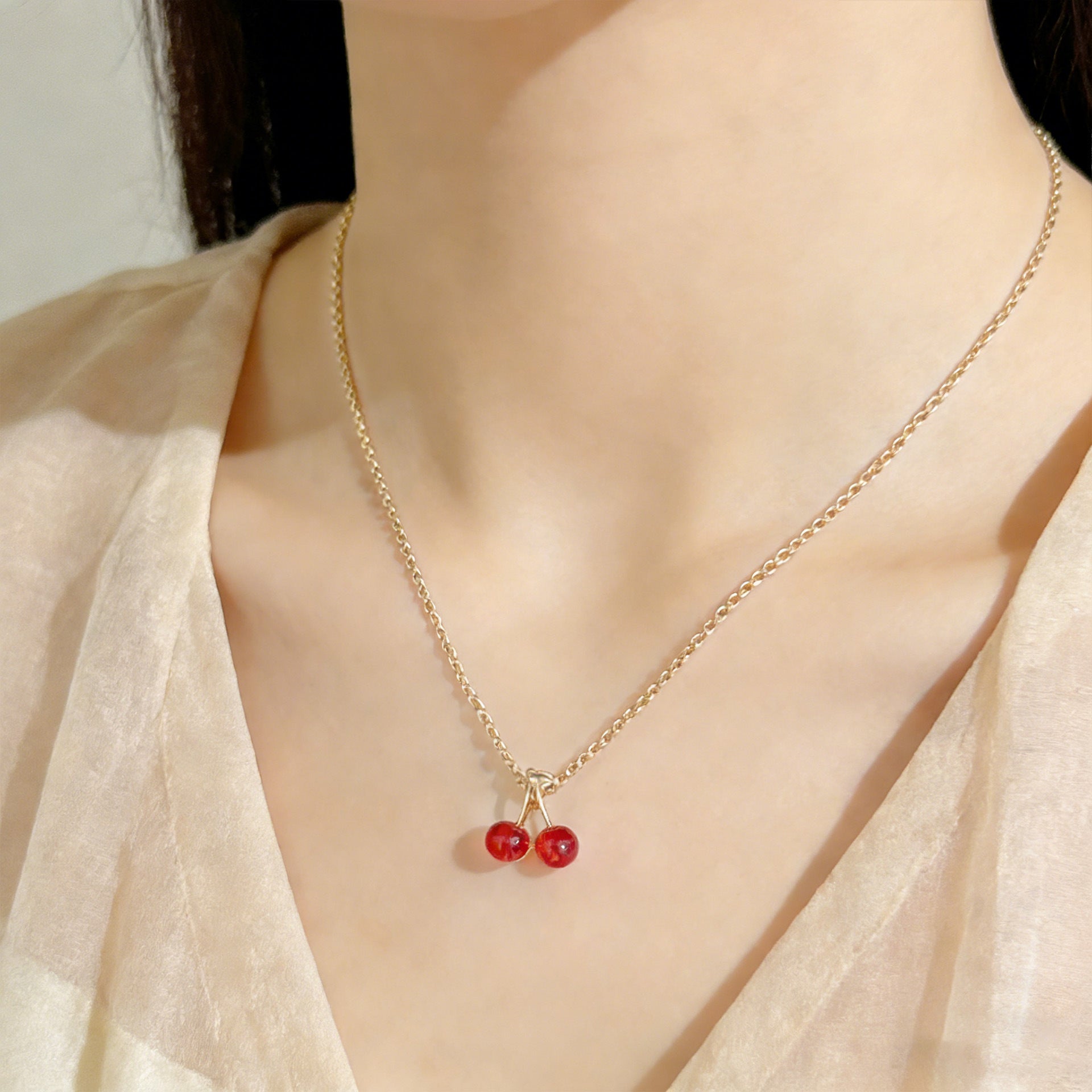 Wholesale Chic Cherry Pendant Collarbone Necklace Red Glass Charm Alloy Box Chain Fashion Jewelry Accessory For Everyday Wear