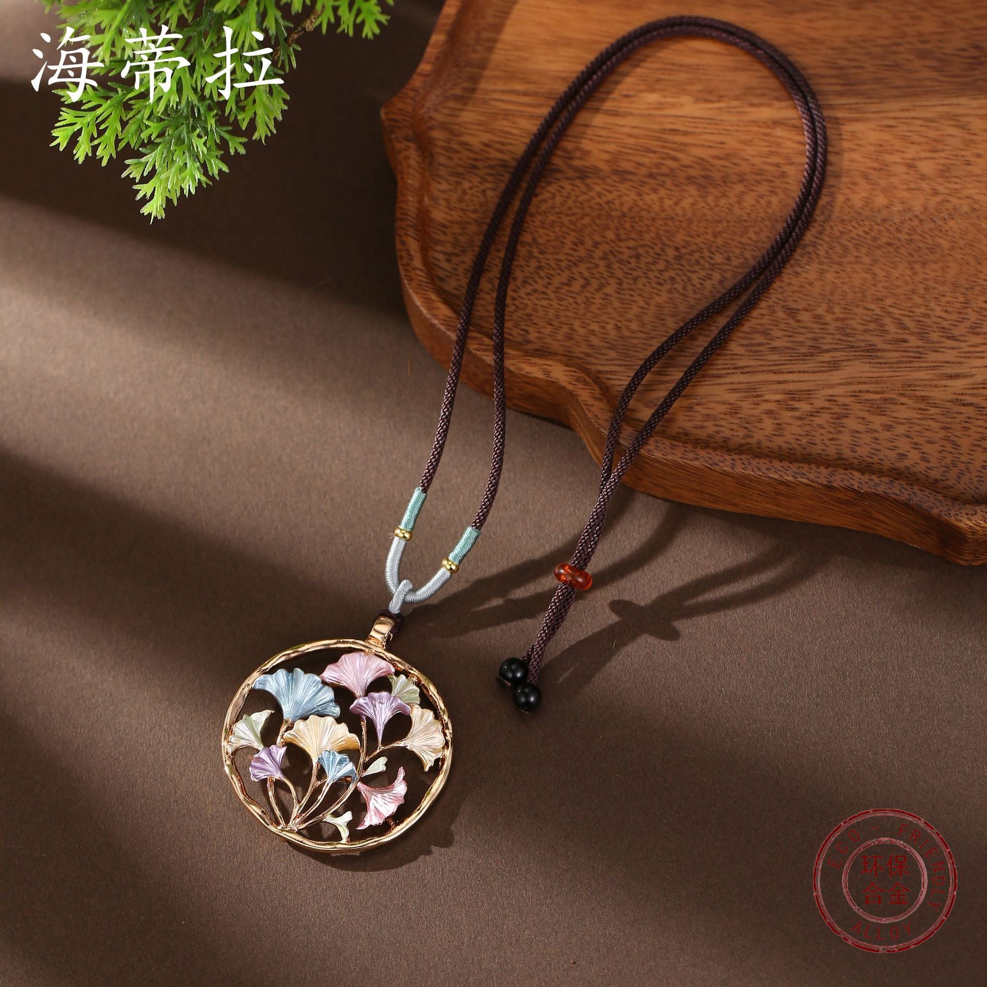Wholesale  Round Hollow Color Painting Oil Ginkgo Leaf Woven Rope Long Necklace