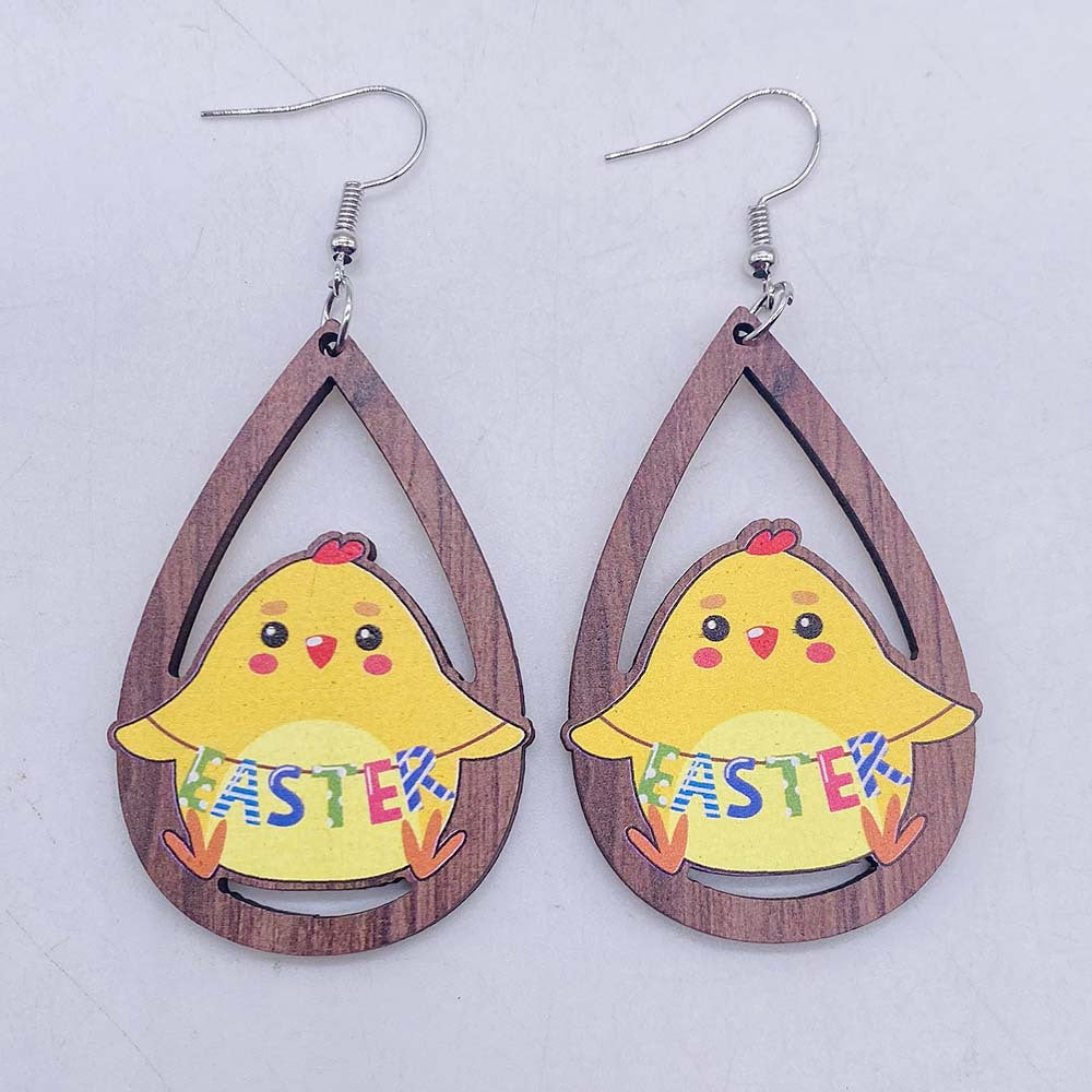Wholesale Easter Egg Dwarf Rabbit Water Drop Hollow Wooden Earrings ACC-ES-CY003