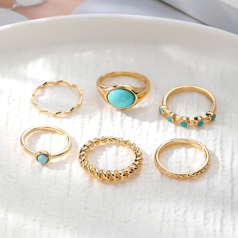 Wholesale  turquoise twist ring 6-piece gold wave knuckle ring