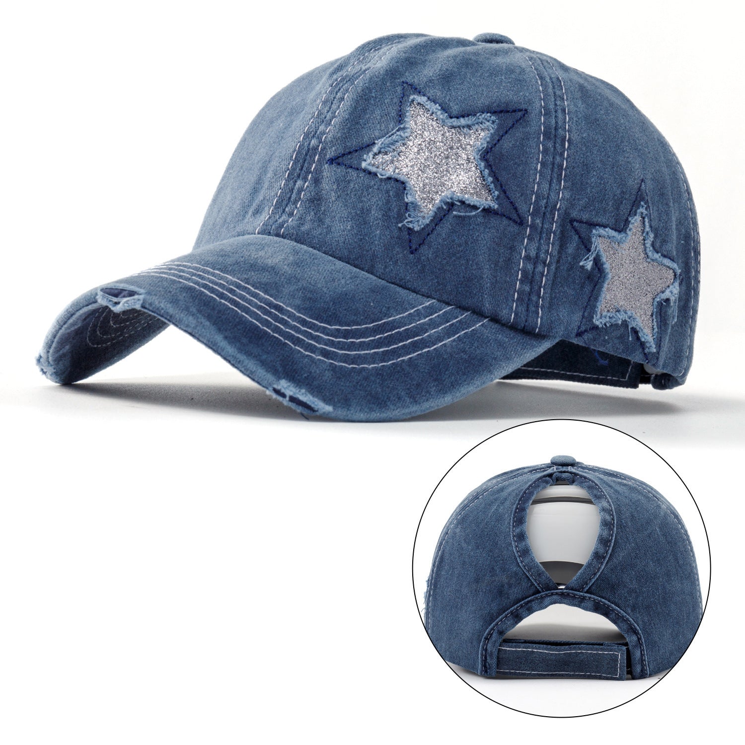 Wholesale Stylish Washed Cotton Baseball Cap Five Point Star Distressed Ponytail Hole Adjustable Curved Brim Black Hat For Casual Use And Resale