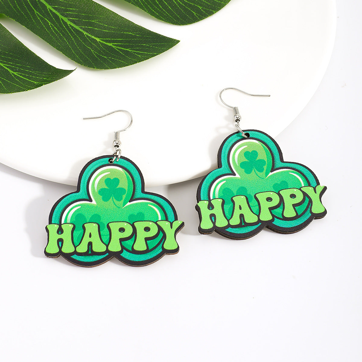 Wholesale Wooden St.  Patrick' s Day Shamrock Earrings