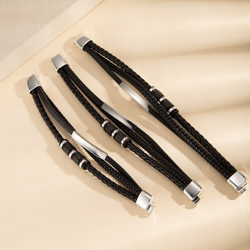 Wholesale Woven PU Leather Men S Fashion Bracelet Three Layer Design With Engravable Alloy Magnetic Clasp Everyday Accessory