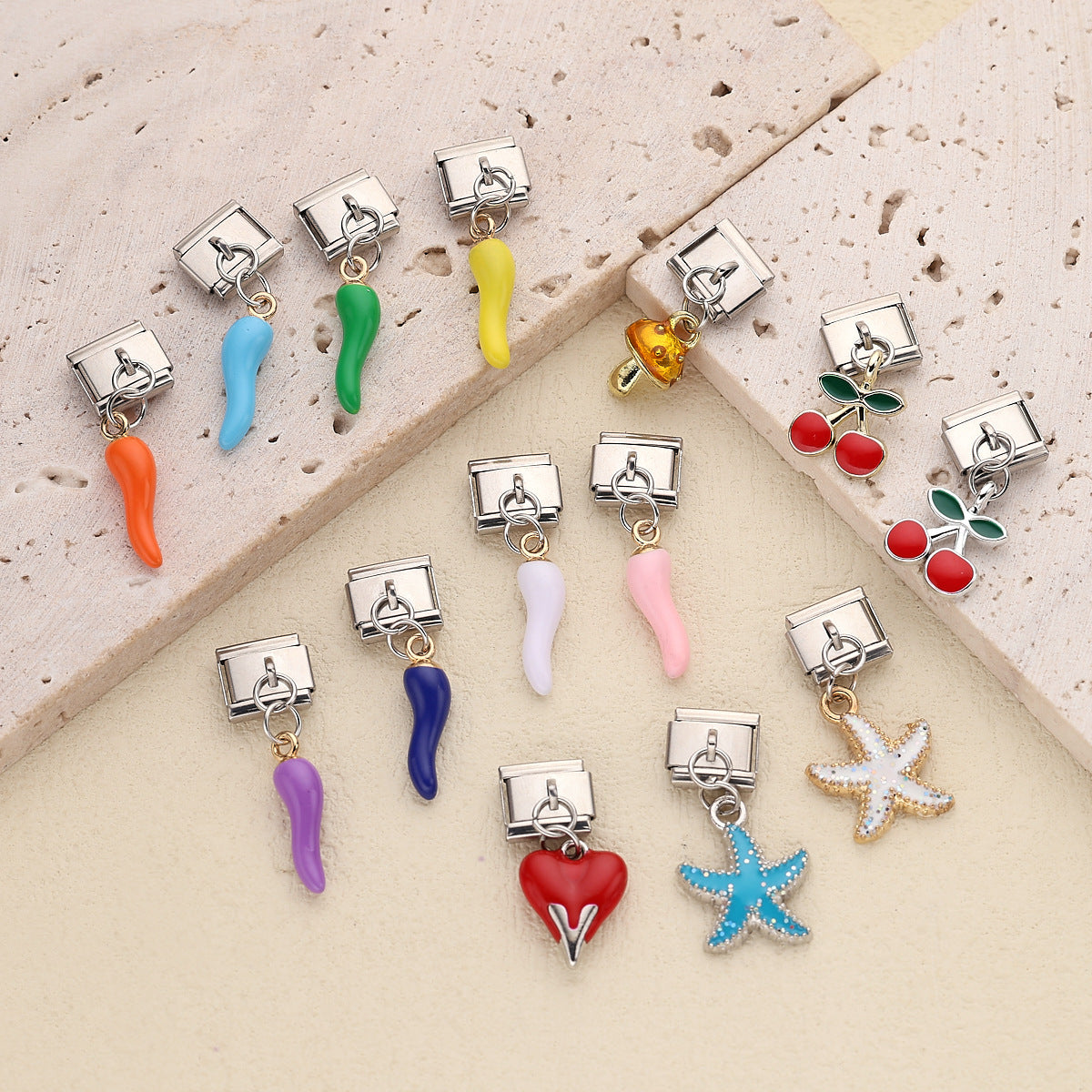 Wholesale 10pcs Italian Charm Bracelet 9mm DIY Splicing Cherry Pepper Flower Pendant Stainless Steel Composable Bracelet