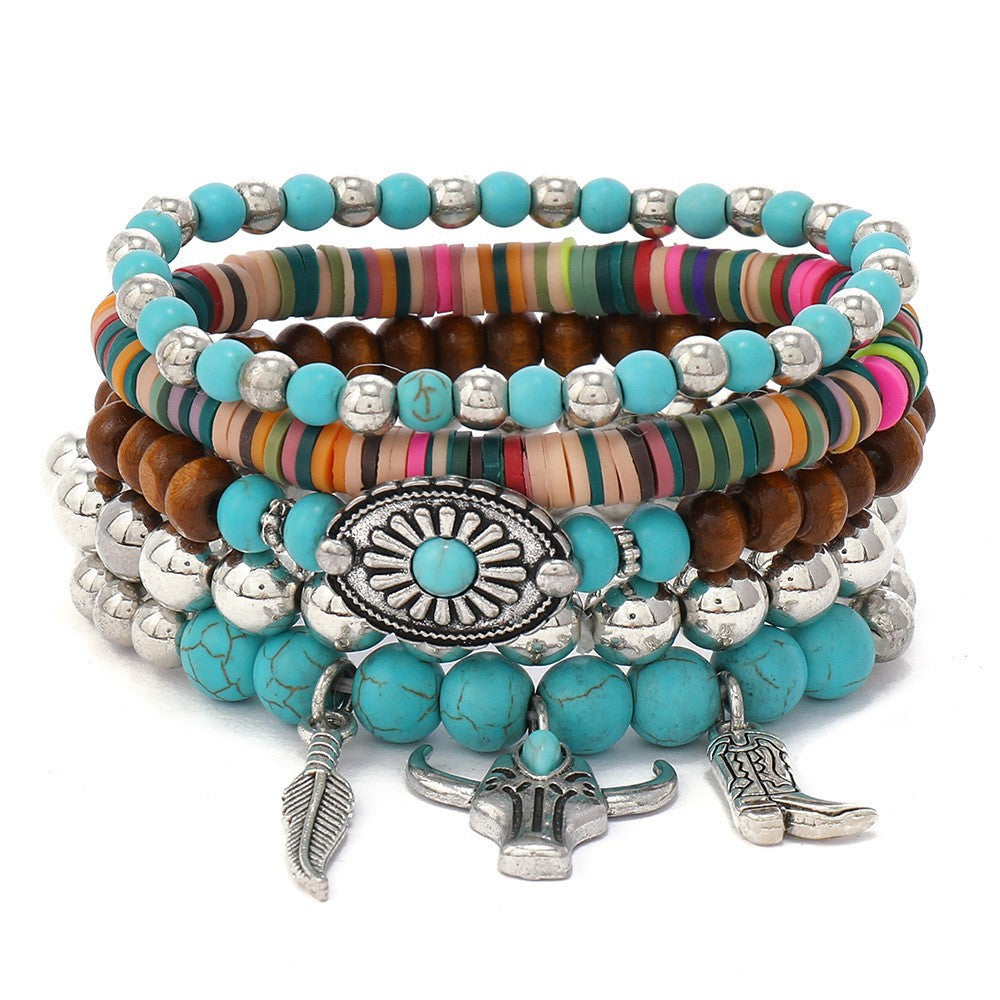 Wholesale Bohemian Style  Retro Bull Head Alloy Turquoise Beaded  Bracelet