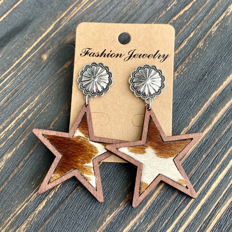 Wholesale Western Denim five-pointed star leather earrings