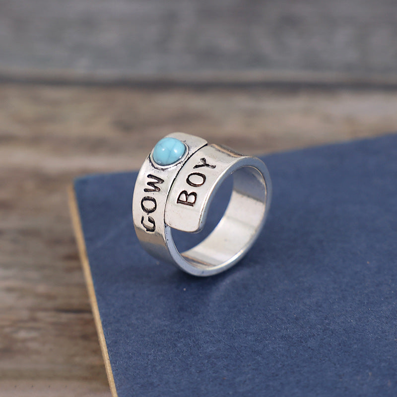 Wholesale  Fashion Ancient Silver Wide-brimmed English Letter Ring ins Cold Style Alloy Turquoise Open Ring
