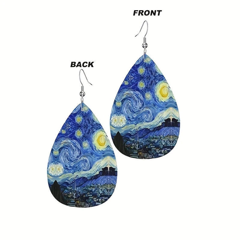 Wholesale Vintage  Art Oil Painting Pattern Leather Earrings