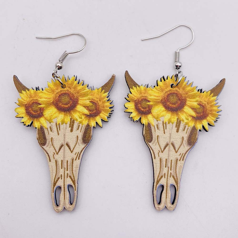 Wholesale Vintage Wooden Western Bullhead Sunflower Bohemian Earrings