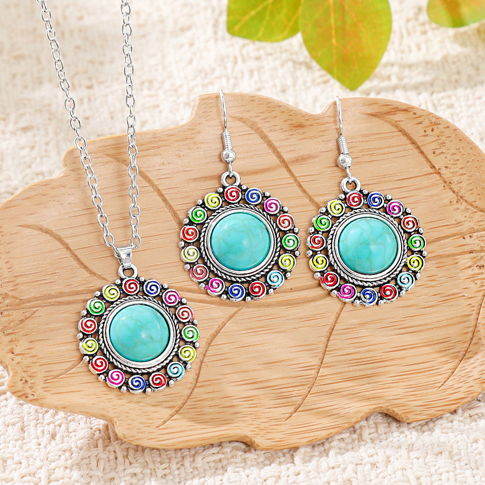 Wholesale Bohemian Retro Turquoise Necklace and Earrings Set - Ethnic Fashion Accessory Gift