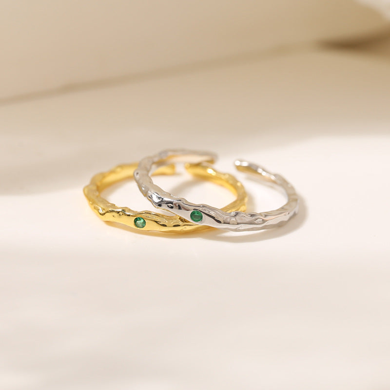 Wholesale s925 sterling silver light luxury design pleated texture emerald ring