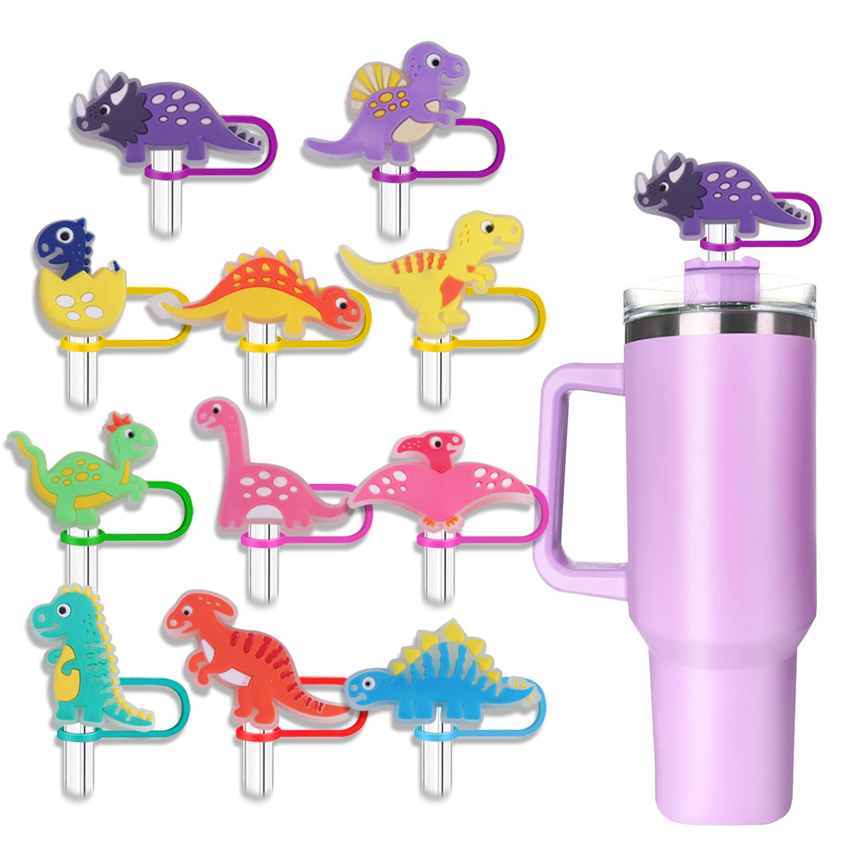Wholesale  10pcs Cartoon Dinosaur 10mm PVC Soft Straw Tube Cap