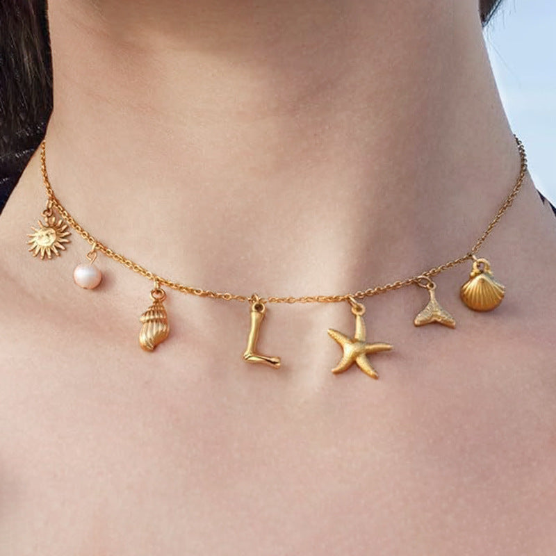 Wholesale Bohemian Shell Starfish Gold Electroplated Copper Alphabet Pendant Necklace for Women Fashion Accessory