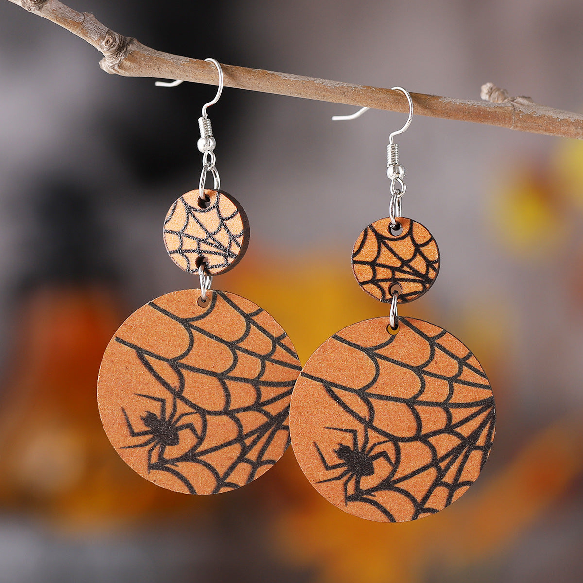 Wholesale  Gothic Pumpkin Color Wooden Double-sided Crescent Pendant Earrings